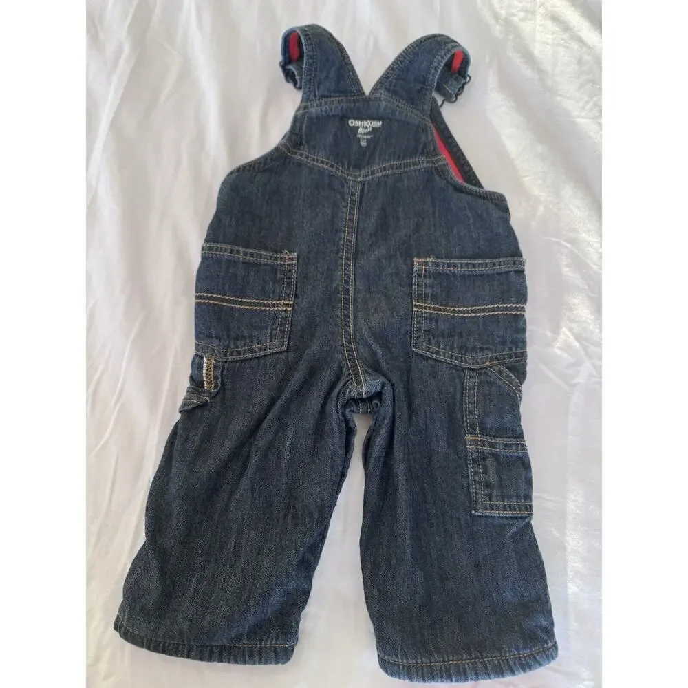 OshKosh B'gosh Fleece Lined Denim Bib Long Overalls Size 6 M Classic Blue Red